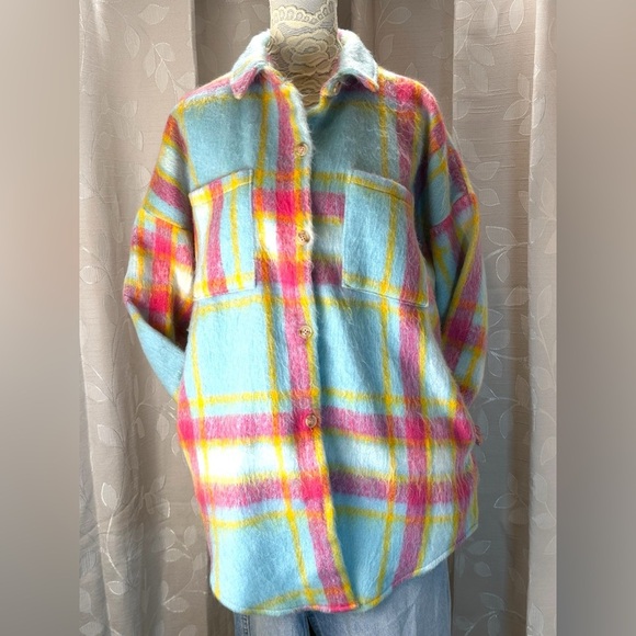 Davi & Dani Women’s‎ Oversized Plaid Shacket Jacket S Blue Pink Fuzzy Soft - Picture 1 of 11
